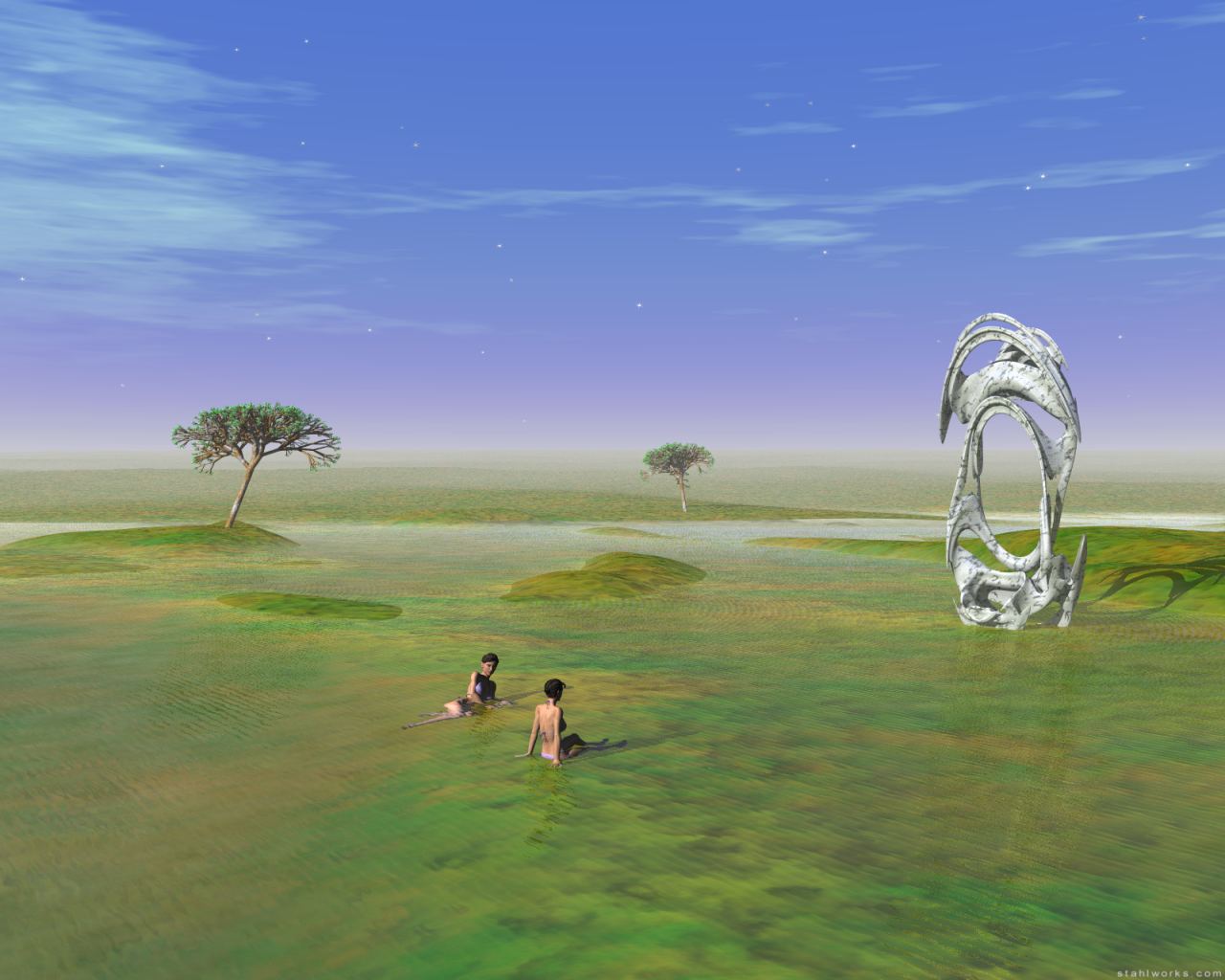 Green Water Meadows With Trees And Women, Free Desktop Wallpaper, 1280x1024 resolution