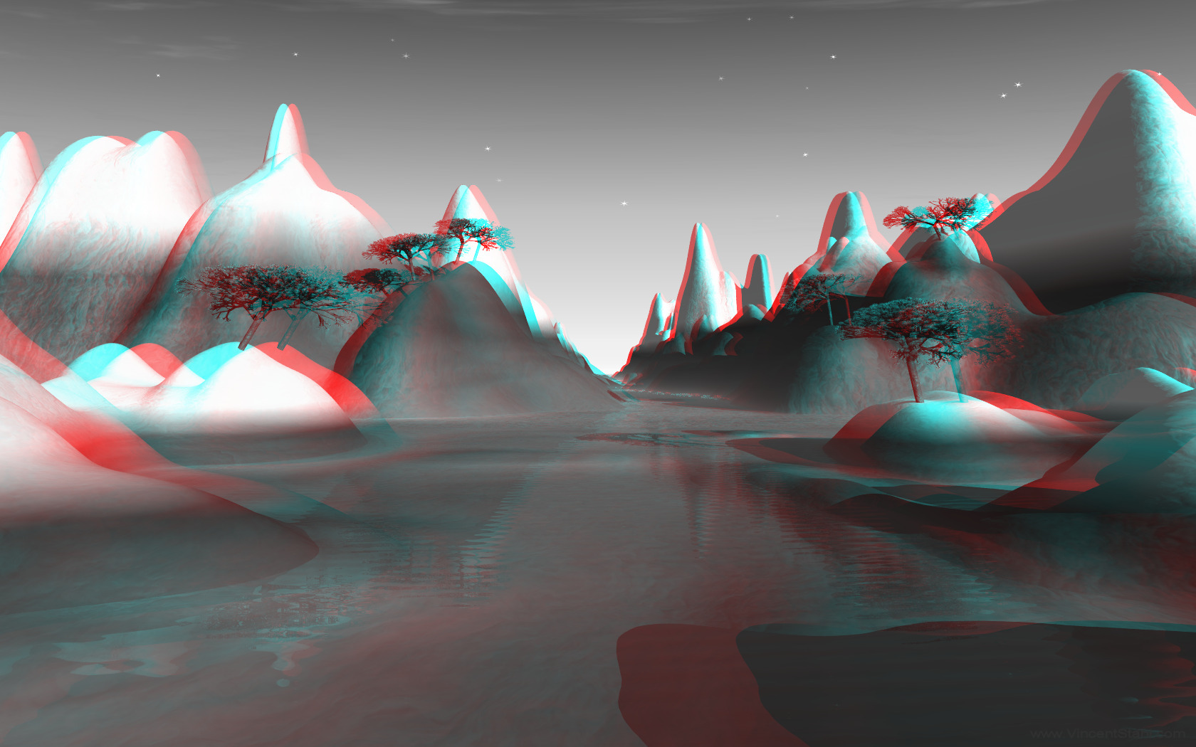 Red Mountain Waters - 3D red cyan anaglyph mono
